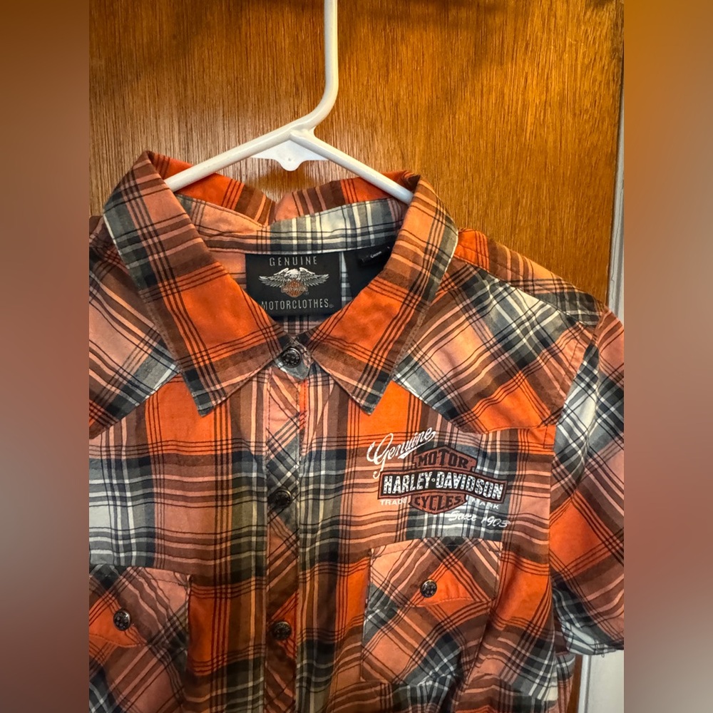 HARLEY-DAVIDSON Women’s Size L Shirt Snap Front Plaid Short Sleeve HD Logo - Picture 8 of 9